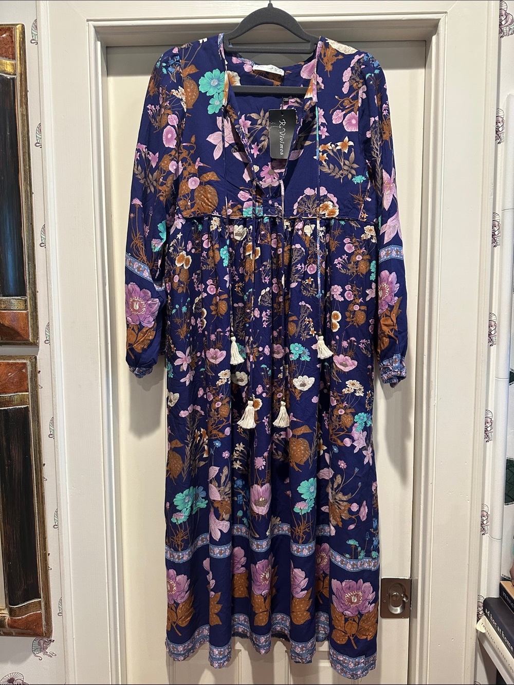 Women's Floral Maxi Dress in Navy with Pink & Teal Accents